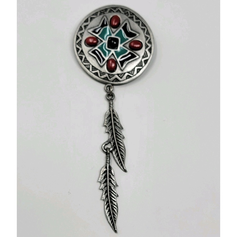 Vintage JJ Pewter Southwestern Medallion Brooch Enamel Red Turquoise Feathers